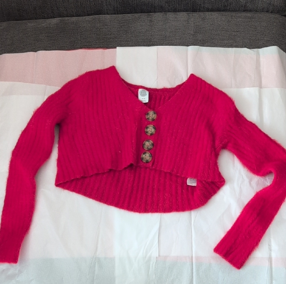 Urban Outfitters Vibrant Red Cropped Sweater with Button Detail